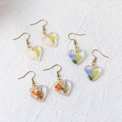 304 Stainless Steel Drop Earring, with Dried Flower & Resin, Heart, epoxy gel, fashion jewelry & for woman 
