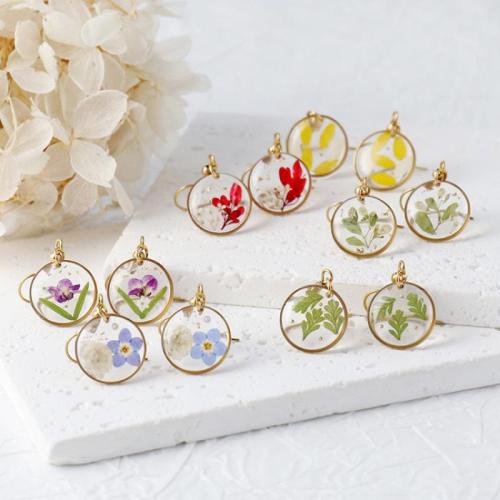 304 Stainless Steel Drop Earring, with Dried Flower & Resin, Round, epoxy gel, fashion jewelry & for woman, golden 