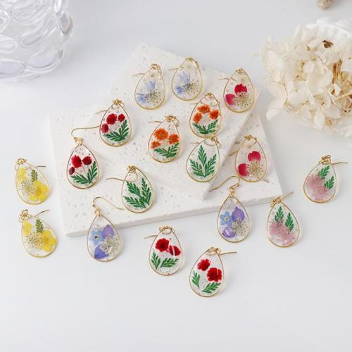 304 Stainless Steel Drop Earring, with Dried Flower & Resin & Brass, Teardrop, epoxy gel, fashion jewelry & for woman, golden 