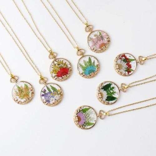 alliage de zinc collier, avec 304 chaîne en acier inoxydable & Fleurs séchées & résine, bijoux de mode & modèles différents pour le choix & pour femme, doré Environ 45 cm Vendu par sac