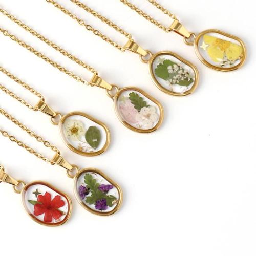 Acier inoxydable 304 collier, avec Fleurs séchées & résine, goutté d'époxy, bijoux de mode & modèles différents pour le choix & pour femme, doré Environ 45 cm Vendu par sac