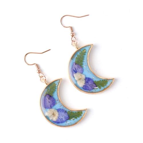 Zinc Alloy Drop Earring, with Dried Flower & Resin & 304 Stainless Steel, Moon, handmade & for woman & epoxy gel, golden 