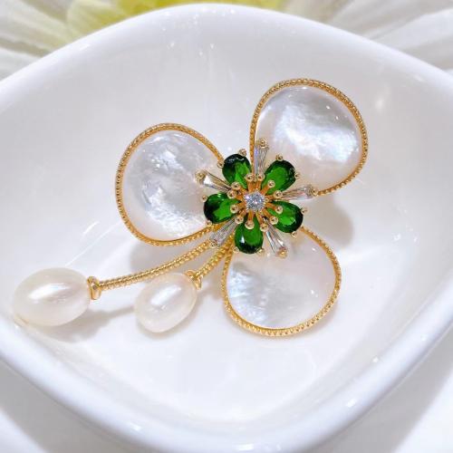 Brass Brooch, with White Shell & Glass Pearl, Three Leaf Clover, gold color plated, for woman & with rhinestone, brooch length 35-55mm 
