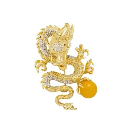 Strass Messing Brosche, Drachen, goldfarben plattiert, für Frau & mit Strass, 40x50mm, verkauft von PC[