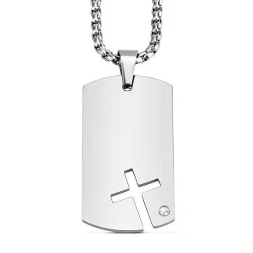 304ステンレススチール ネックレス, クロス, メッキ, 男性用 & ライン石のある & くり抜き, 無色, 長さ:約 23.6 インチ, 売り手 パソコン