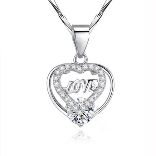 Argent sterling 925 collier, coeur, Plaqué de platine, styles différents pour le choix & pavé de micro zircon & pour femme Environ 16-20 pouce, Vendu par PC