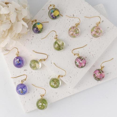 Resin Drop Earring, with Dried Flower & 304 Stainless Steel, Round, fashion jewelry & for woman 
