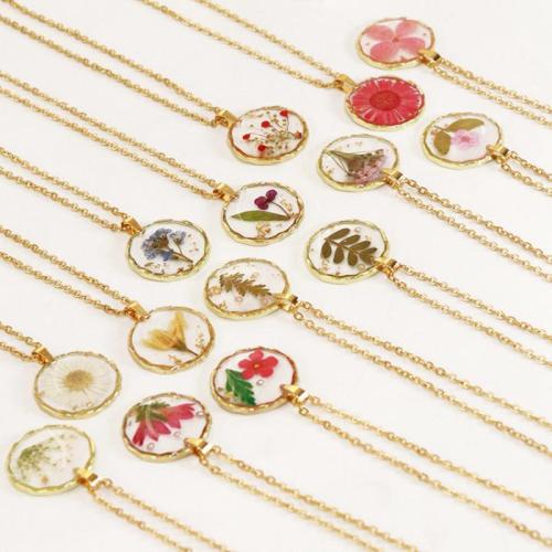 alliage de zinc collier, avec 304 chaîne en acier inoxydable & Fleurs séchées & résine, modèles différents pour le choix & pour femme & autocollant époxyde, doré Environ 45 cm Vendu par sac