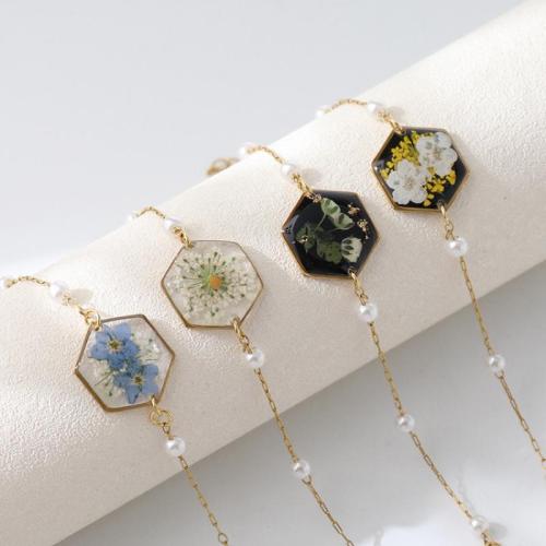 304 Stainless Steel Bracelet, with Dried Flower & Resin, plated, fashion jewelry & for woman, golden Approx 16 cm 
