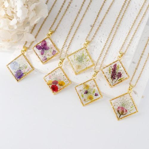 alliage de zinc collier, avec 304 chaîne en acier inoxydable & Fleurs séchées & résine, fait à la main, bijoux de mode & modèles différents pour le choix & pour femme, doré Environ 45 cm Vendu par sac