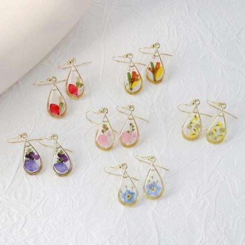 Zinc Alloy Drop Earring, with Dried Flower & Resin & 304 Stainless Steel, Teardrop & for woman & hollow, golden 