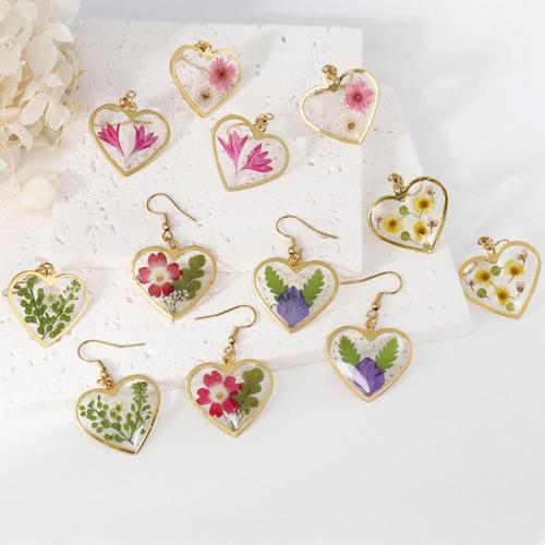 Zinc Alloy Drop Earring, with Dried Flower & Resin & 304 Stainless Steel, Heart, epoxy gel, fashion jewelry & for woman, golden 