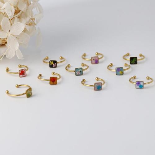 304 Stainless Steel Cuff Finger Ring, with Dried Flower, epoxy gel, fashion jewelry & for woman, golden 