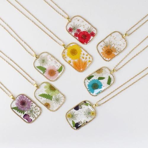 alliage de zinc collier, avec 304 chaîne en acier inoxydable & Fleurs séchées & résine, fait à la main, modèles différents pour le choix & pour femme & autocollant époxyde, doré Environ 45 cm Vendu par sac