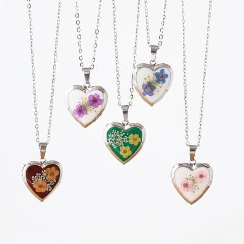Acier inoxydable 304 Collier médaillon, avec 304 chaîne en acier inoxydable & Fleurs séchées, goutté d'époxy, peut s’ouvrir et mettre dans quelque chose & modèles différents pour le choix & pour femme, couleur originale Environ 45 cm Vendu par sac[