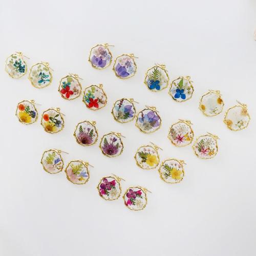 Zinc Alloy Drop Earring, with Dried Flower & Resin & 304 Stainless Steel & for woman & epoxy gel, golden 