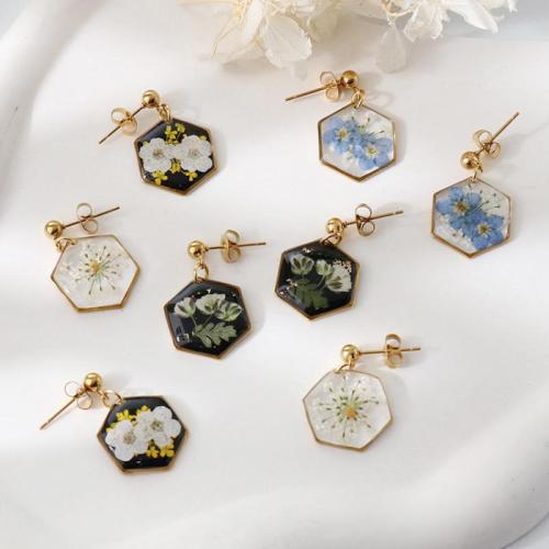 Acier inoxydable 304 Boucle d'oreille goutte, avec Fleurs séchées & résine, modèles différents pour le choix & pour femme & autocollant époxyde, doré Vendu par sac