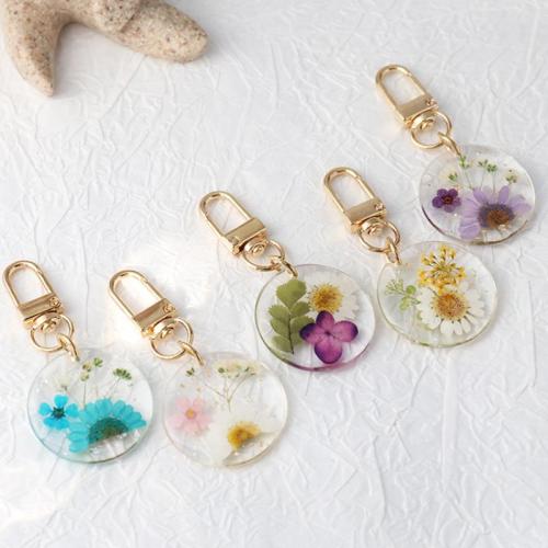 Resin Key Clasp, with Dried Flower & Zinc Alloy, Round, DIY & epoxy gel 