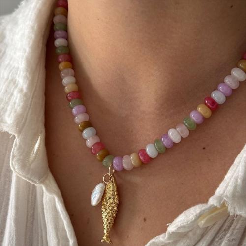 Edelstein Halsketten, Naturstein, mit Kunststoff Perlen & 304 Edelstahl, plattiert, Modeschmuck, gemischte Farben, 5x8mm, verkauft von PC