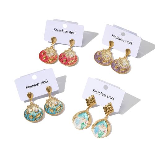 Titanium Steel Earrings, with Plastic Pearl, plated, fashion jewelry & enamel 