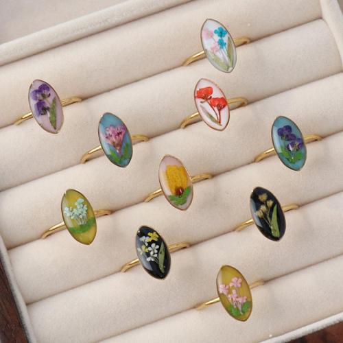 304 Stainless Steel Cuff Finger Ring, with Dried Flower, gold color plated & for woman & epoxy gel 