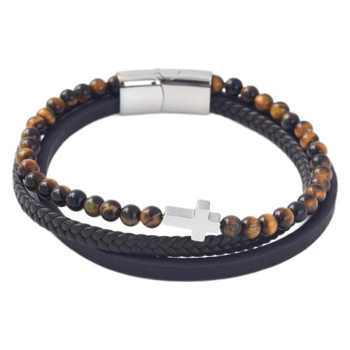 Bracelets en pierres précieuses, cuir PU, avec Gemme synthétique & Acier inoxydable 304, fait à la main, trois couches & bijoux de mode & unisexe, plus de couleurs à choisir Environ 21 cm, Vendu par PC