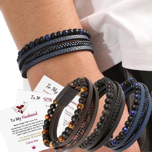 Gemstone Bracelet, with Microfiber PU & 304 Stainless Steel & Zinc Alloy, handmade, multilayer & for man 
