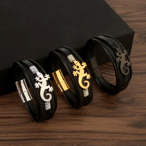 Acier inoxydable 304 bracelet, avec cuir PU, Lézard, poli, bijoux de mode & pour homme, plus de couleurs à choisir, Vendu par PC