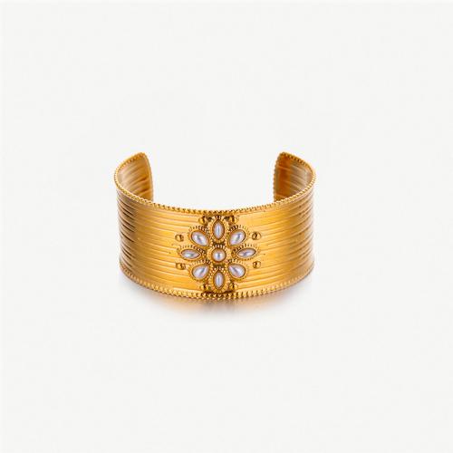 Stainless Steel Cuff Bangle, 304 Stainless Steel, with Plastic Pearl, gold color plated, fashion jewelry, golden, 180mm [