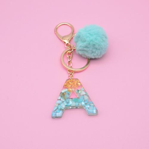 Resin Key Clasp, with Plush & Zinc Alloy, Alphabet Letter, epoxy gel & for woman, turquoise blue, 115mm 