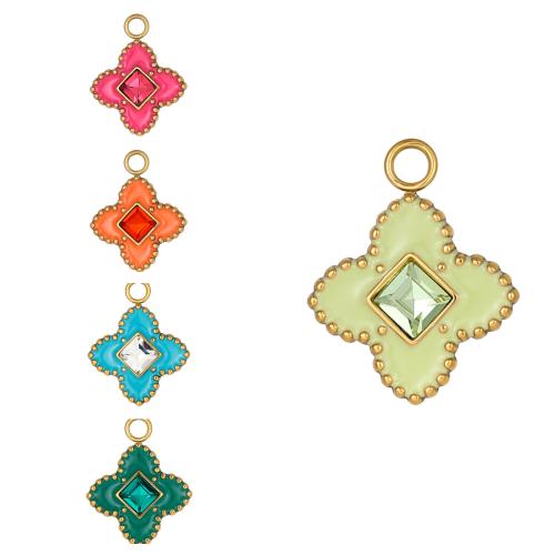 Pendentifs en acier inoxydable zircons cubiques, Acier inoxydable 304, Trèfle à quatre feuilles, Placage de couleur d'or, DIY & pavé de micro zircon & émail, plus de couleurs à choisir, Vendu par PC