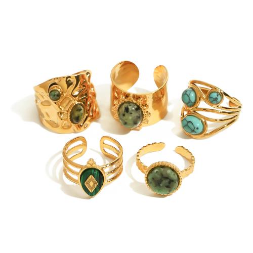 304 Stainless Steel Cuff Finger Ring, with Natural Stone, plated & for woman & hollow, golden 