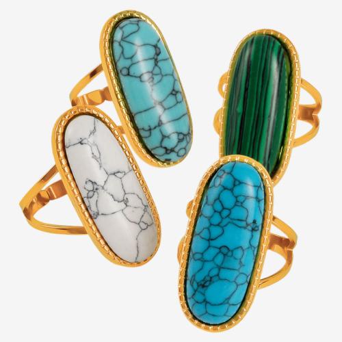 Gemstone Stainless Steel Finger Ring, 304 Stainless Steel, with Synthetic Malachite & Synthetic Turquoise, plated & Unisex & hollow 