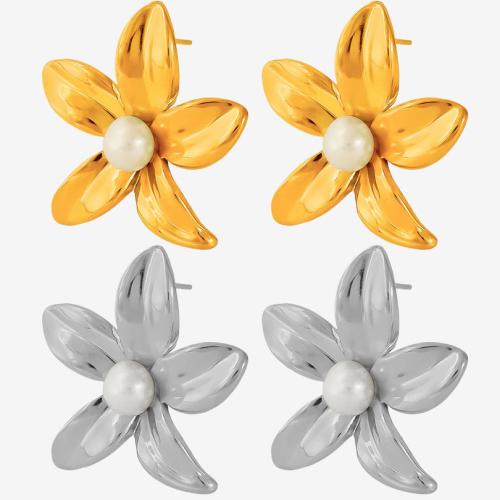 Acier inoxydable 304 boucle d oreille dormeuse, avec perle d'eau douce cultivée, fleur, Placage, bijoux de mode & pour femme, plus de couleurs à choisir, Vendu par paire