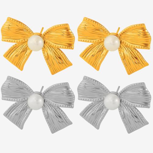 Acier inoxydable 304 boucle d oreille dormeuse, avec perle d'eau douce cultivée, Noeud papillon, Placage, bijoux de mode & pour femme, plus de couleurs à choisir, Vendu par paire