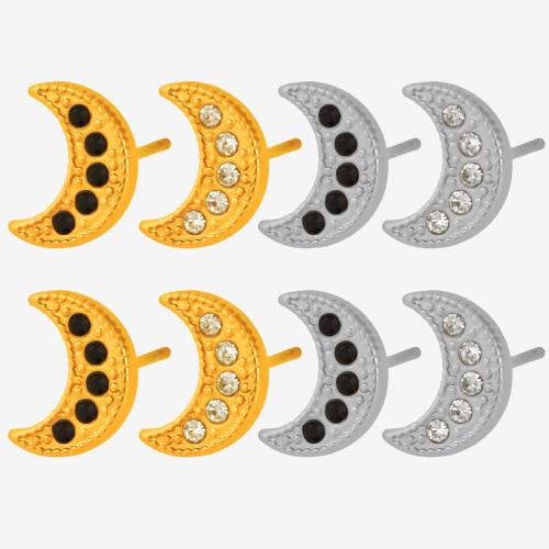 Acier inoxydable 304 boucle d oreille dormeuse, lune, Placage, bijoux de mode & pour femme & avec strass, plus de couleurs à choisir, Vendu par paire