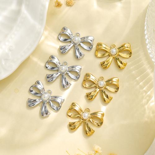 Stainless Steel Pendants, 304 Stainless Steel, with Plastic Pearl, Bowknot, plated, DIY 