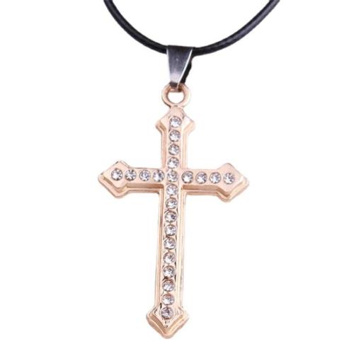 Zinc Alloy Necklace, with leather cord, Cross, plated, for man & with rhinestone Approx 16-20 Inch 
