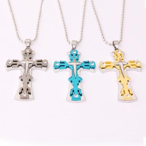 Zinc Alloy Necklace, Cross, plated, ball chain & for man & with rhinestone Approx 19.5-31.5 Inch 