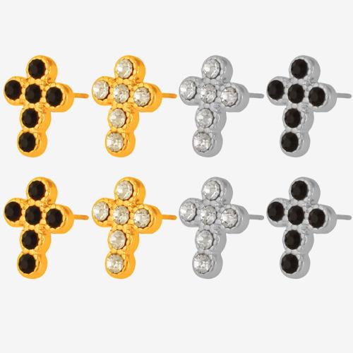 clou d'oreille en acier inoxydable avec stras, Acier inoxydable 304, croix, Placage, bijoux de mode & pour femme & avec strass, plus de couleurs à choisir, Vendu par paire