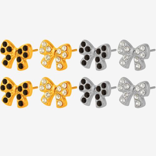 clou d'oreille en acier inoxydable avec stras, Acier inoxydable 304, Noeud papillon, Placage, bijoux de mode & pour femme & avec strass, plus de couleurs à choisir, Vendu par paire