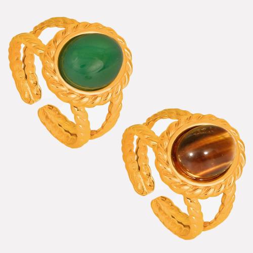 Gemstone Stainless Steel Finger Ring, 304 Stainless Steel, with Natural Stone, 18K gold plated & Unisex & hollow 