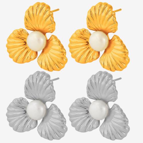 Acier inoxydable 304 boucle d oreille dormeuse, avec perle d'eau douce cultivée, fleur, Placage, bijoux de mode & pour femme, plus de couleurs à choisir, Vendu par paire