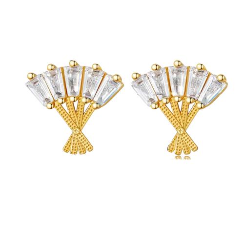 Латунь Сережка-гвоздик, с Кристаллы, Веер, плакирован золотом, ювелирные изделия моды & Женский & отверстие, Много цветов для выбора, продается Пара