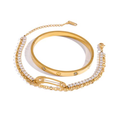 Bracelets en acier inoxydable, Acier inoxydable 304, avec zircon cubique, Placage, Double couche & styles différents pour le choix & pour femme, doré, Vendu par PC