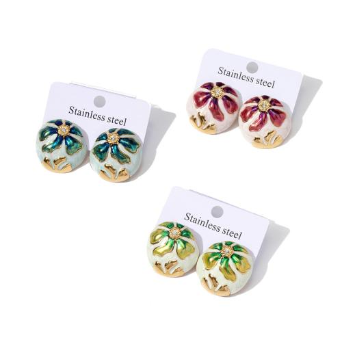 Titanium Steel Earrings, with Plastic Pearl, Flower, plated, fashion jewelry & enamel 