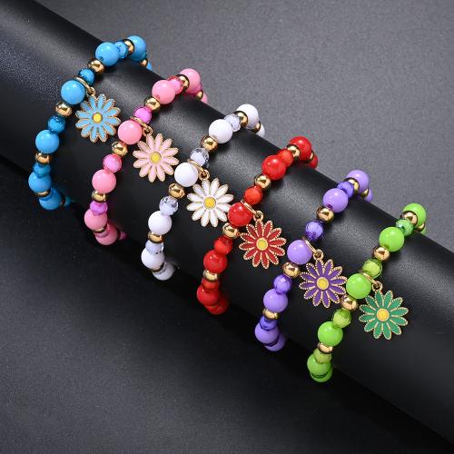 Titanium Steel Bracelet, with Glass Beads & 304 Stainless Steel, Daisy, gold color plated, fashion jewelry & enamel 