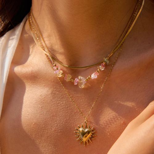 Collier de mode Multi couche, Acier inoxydable 304, avec Pierre naturelle & Acier titane, Placage de couleur d'or, trois pièces & bijoux de mode, plus de couleurs à choisir, Vendu par fixé
