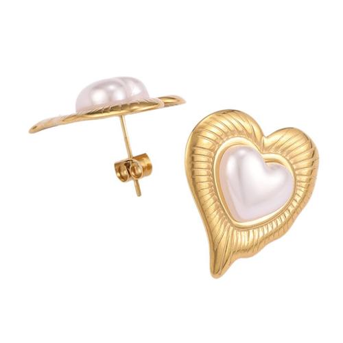 Boucle en acier inoxydable, Acier inoxydable 304, avec perle de plastique, coeur, Placage, bijoux de mode & pour femme, doré, Vendu par paire