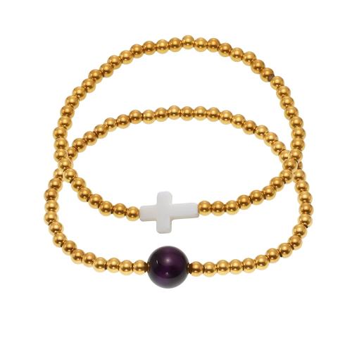 Acier inoxydable Bracelet extensible, Acier inoxydable 304, avec agate pourpre, Plaqué d'or 18K, bijoux de mode & styles différents pour le choix & pour femme, Vendu par PC
